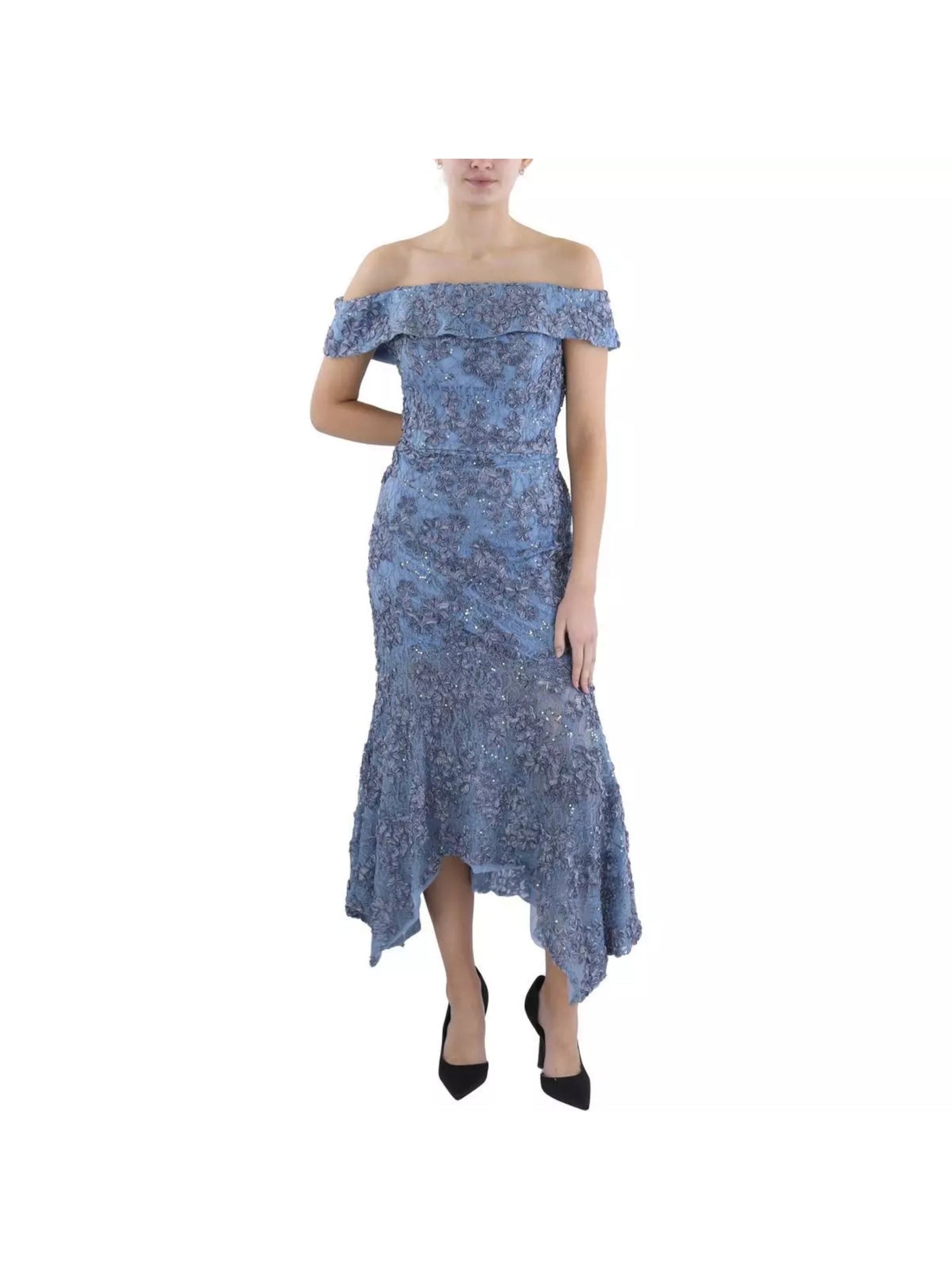 XSCAPE Womens Blue Embroidered Sequined Lace Lined Handkerchief Hem Short Sleeve Off Shoulder Tea-Length Party Mermaid Dress 4