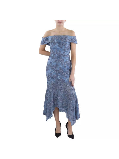 XSCAPE Womens Blue Embroidered Sequined Lace Lined Handkerchief Hem Short Sleeve Off Shoulder Tea-Length Party Mermaid Dress 4