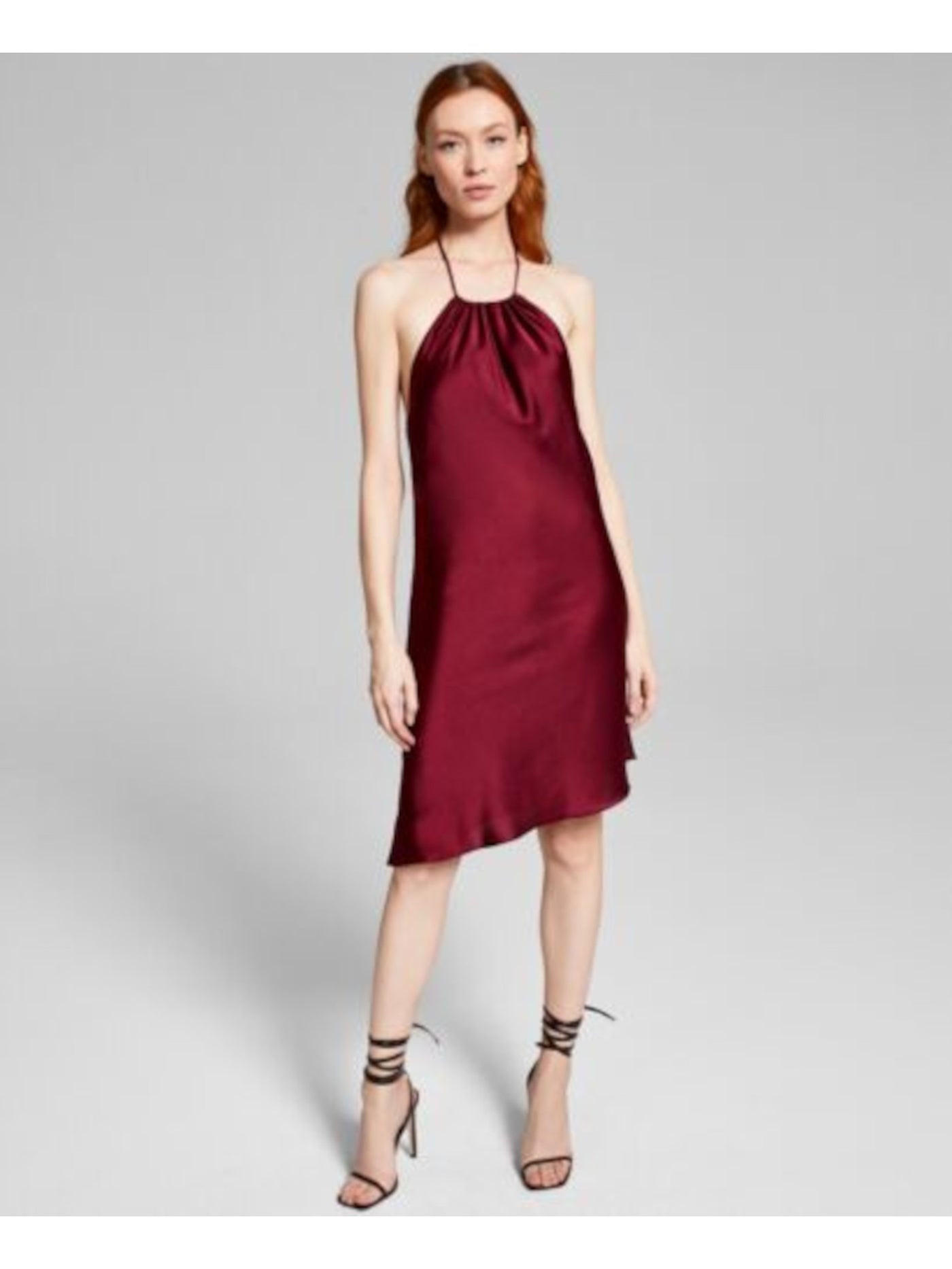 AND NOW THIS Womens Burgundy Stretch Gathered Tie Neck Asymmetrical Hem Sleeveless Scoop Neck Knee Length Sheath Dress S