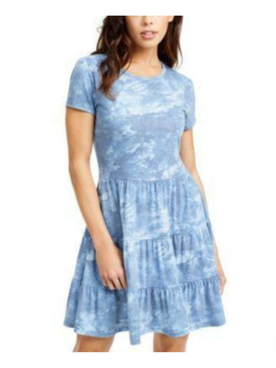 BEBOP Womens Light Blue Tie Dye Crew Neck Mini Fit + Flare Dress XS