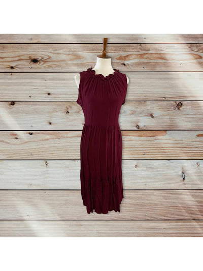 CALVIN KLEIN Womens Burgundy Stretch Pleated Tie Tiered Unlined Ruffled-neck Sleeveless Midi Wear To Work Sheath Dress 10