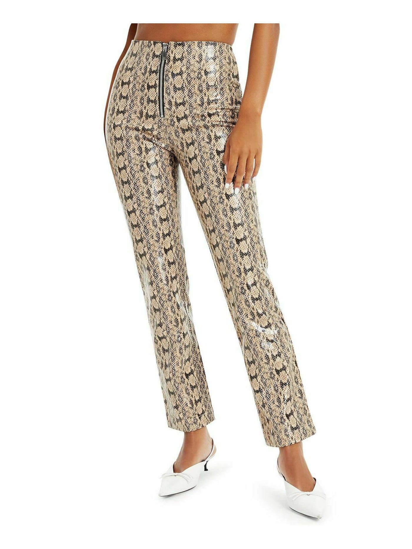 DANIELLE BERNSTEIN Womens Beige Zippered Animal Print High Waist Pants 10