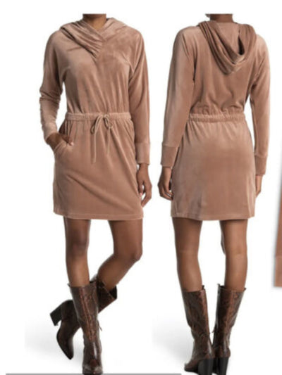 CALVIN KLEIN Womens Beige Stretch Long Sleeve V Neck Above The Knee Shift Dress M