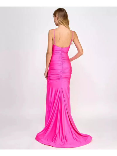 B DARLIN Womens Pink Zippered Fitted Shirred Small Train Spaghetti Strap Cowl Neck Full-Length Prom Gown Dress Juniors 15\16