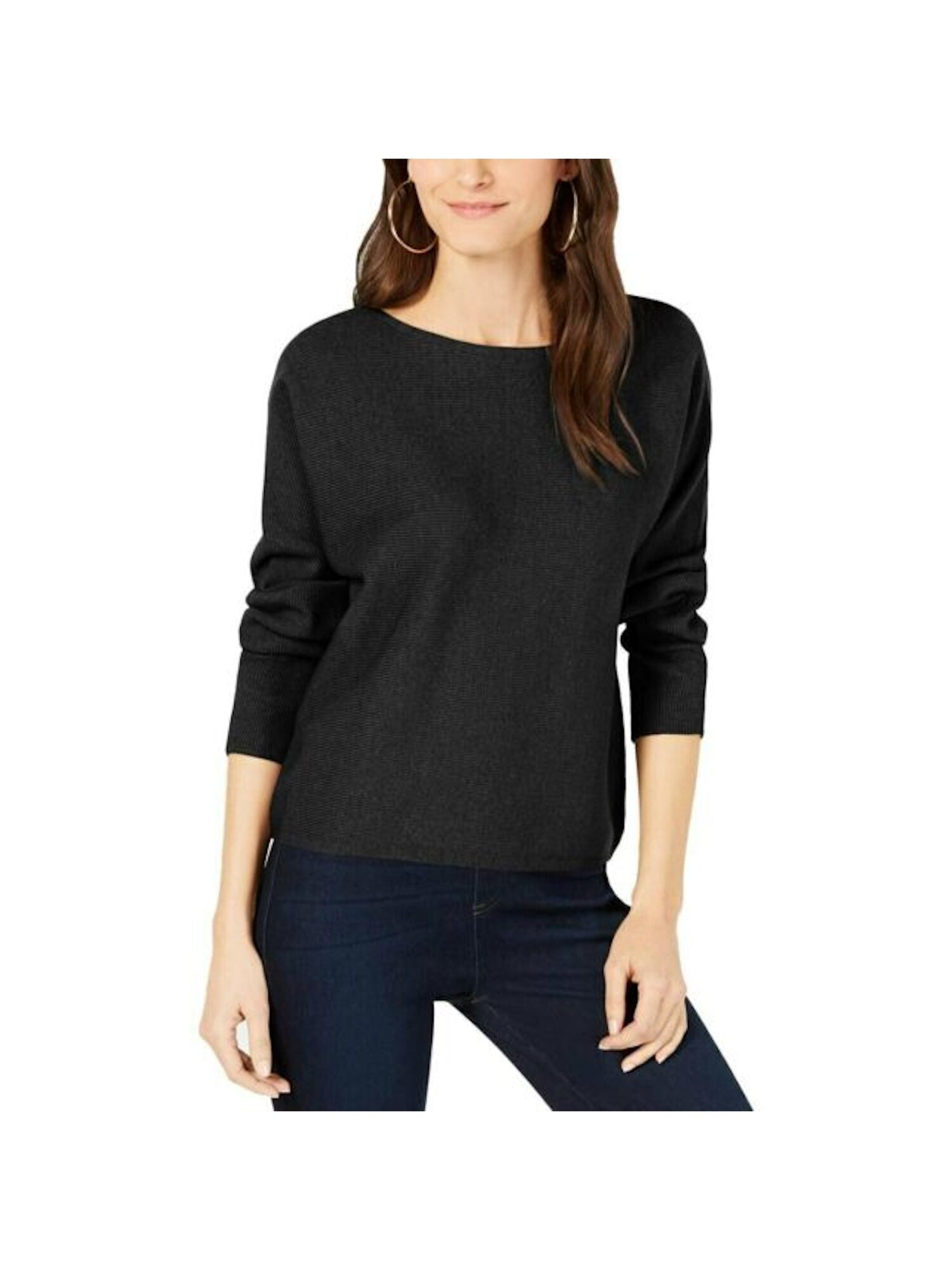 INC Womens Black Ribbed Ribbed Knit Dolman Sleeve Jewel Neck T-Shirt XS