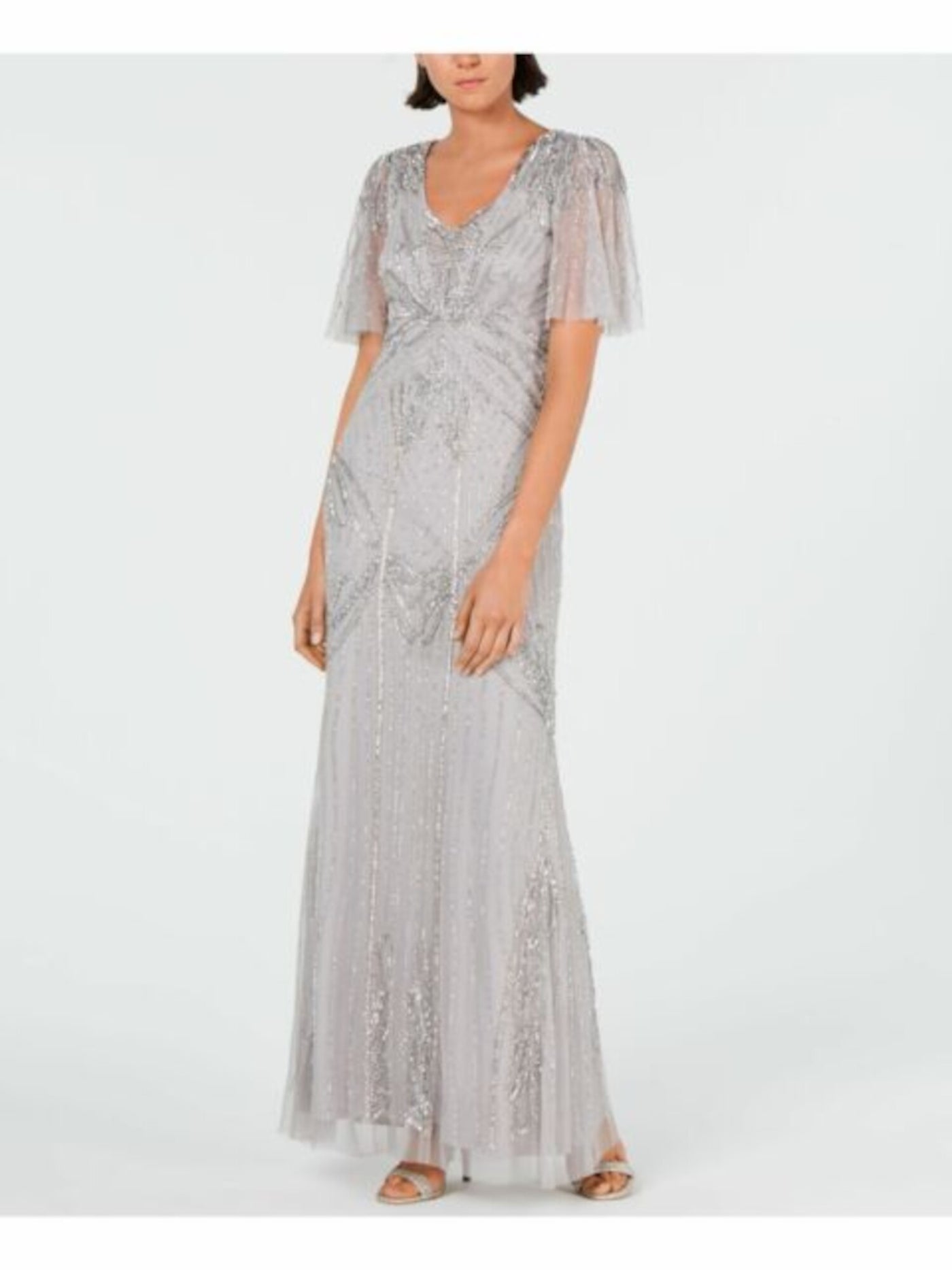 ADRIANNA PAPELL Womens Gray Sequined Sheer Zippered Short Sleeve V Neck Full-Length Evening Empire Waist Dress 4