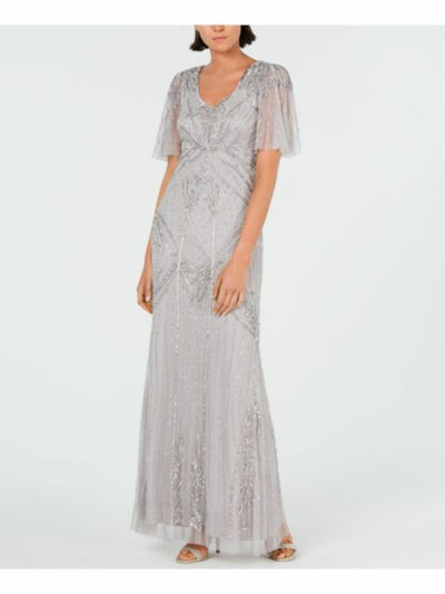 ADRIANNA PAPELL Womens Gray Sequined Sheer Zippered Short Sleeve V Neck Full-Length Evening Empire Waist Dress 4