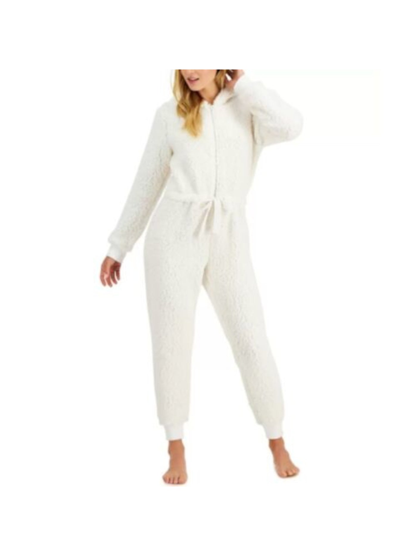 JENNI Intimates White Drawstring Hooded Tie Waist Sherpa Union Suit Pajamas M