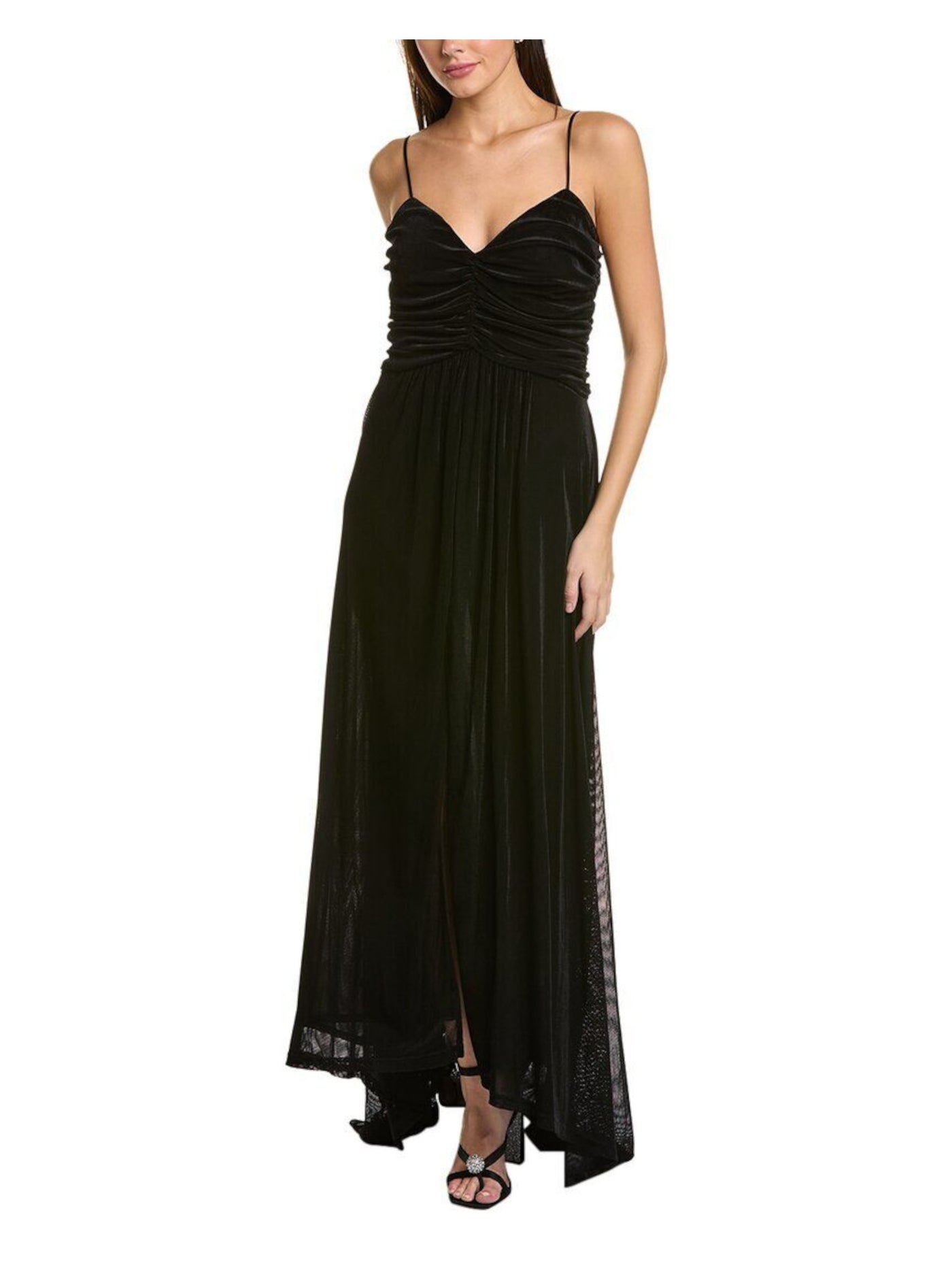 DONNA KARAN NEW YORK Womens Black Zippered Lined Ruched Padded Slit Spaghetti Strap V Neck Full-Length Evening Gown Dress 4