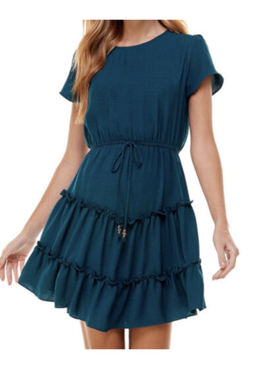 CITY STUDIO Womens Teal Stretch Tie Ruffled Short Sleeve Jewel Neck Short Party Fit + Flare Dress XS