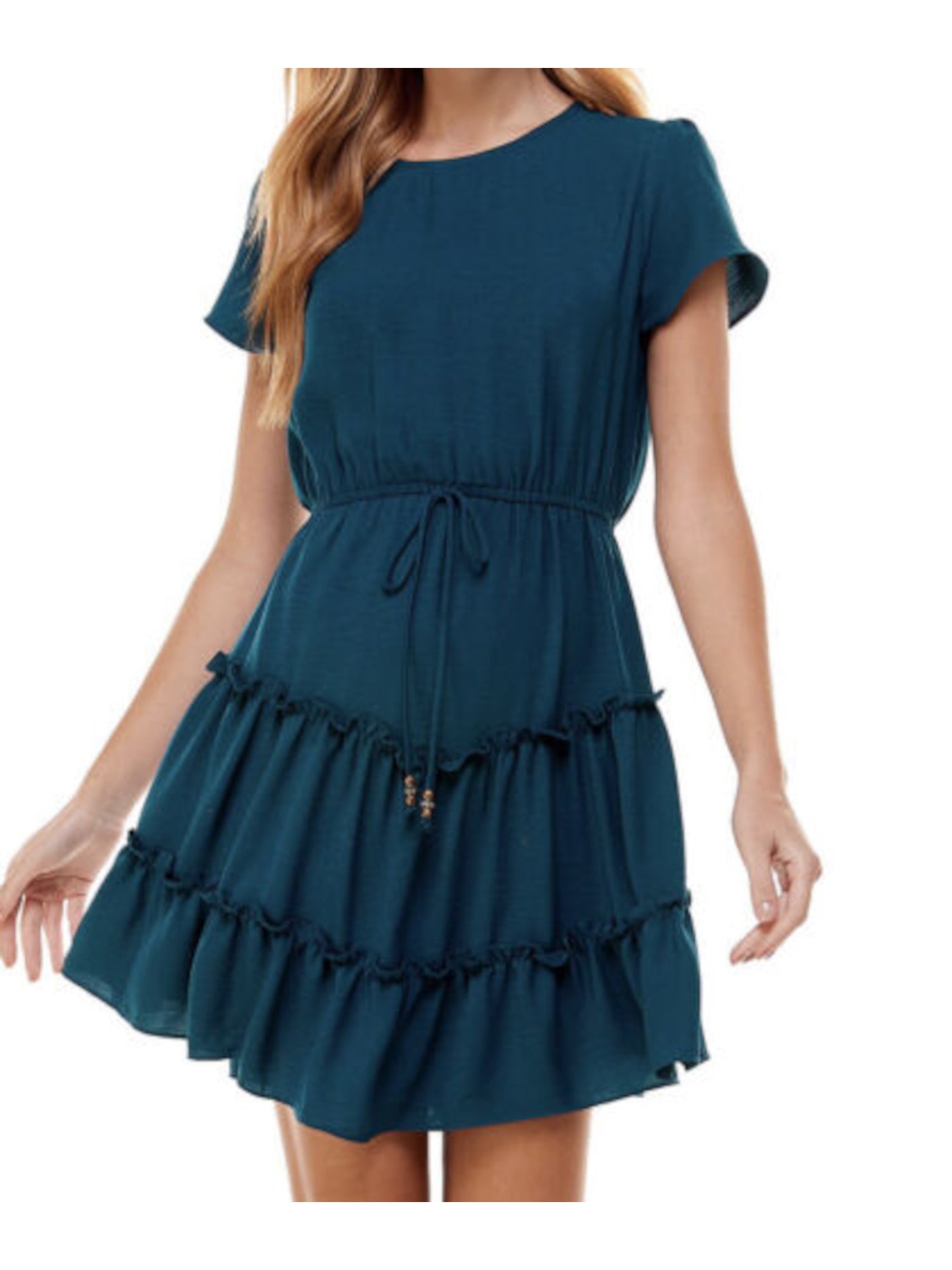 CITY STUDIO Womens Stretch Tie Ruffled Short Sleeve Jewel Neck Short Party Fit + Flare Dress