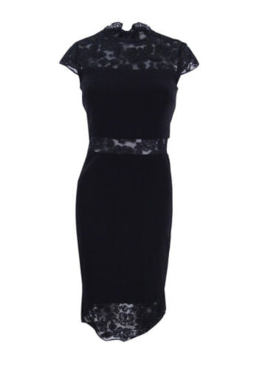 BETSY & ADAM Womens Black Lace Cap Sleeve Jewel Neck Below The Knee Cocktail Sheath Dress 12