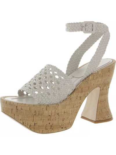 PALOMA BARCELO Womens White Padded Woven Ankle Strap Almond Toe Flare Buckle Leather Heeled Sandal 41