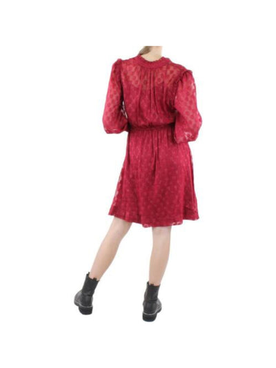 CALVIN KLEIN Womens Textured Ruffled Keyhole Sheer Tie Elastic Waist Long Sleeve V Neck Above The Knee Fit + Flare Dress