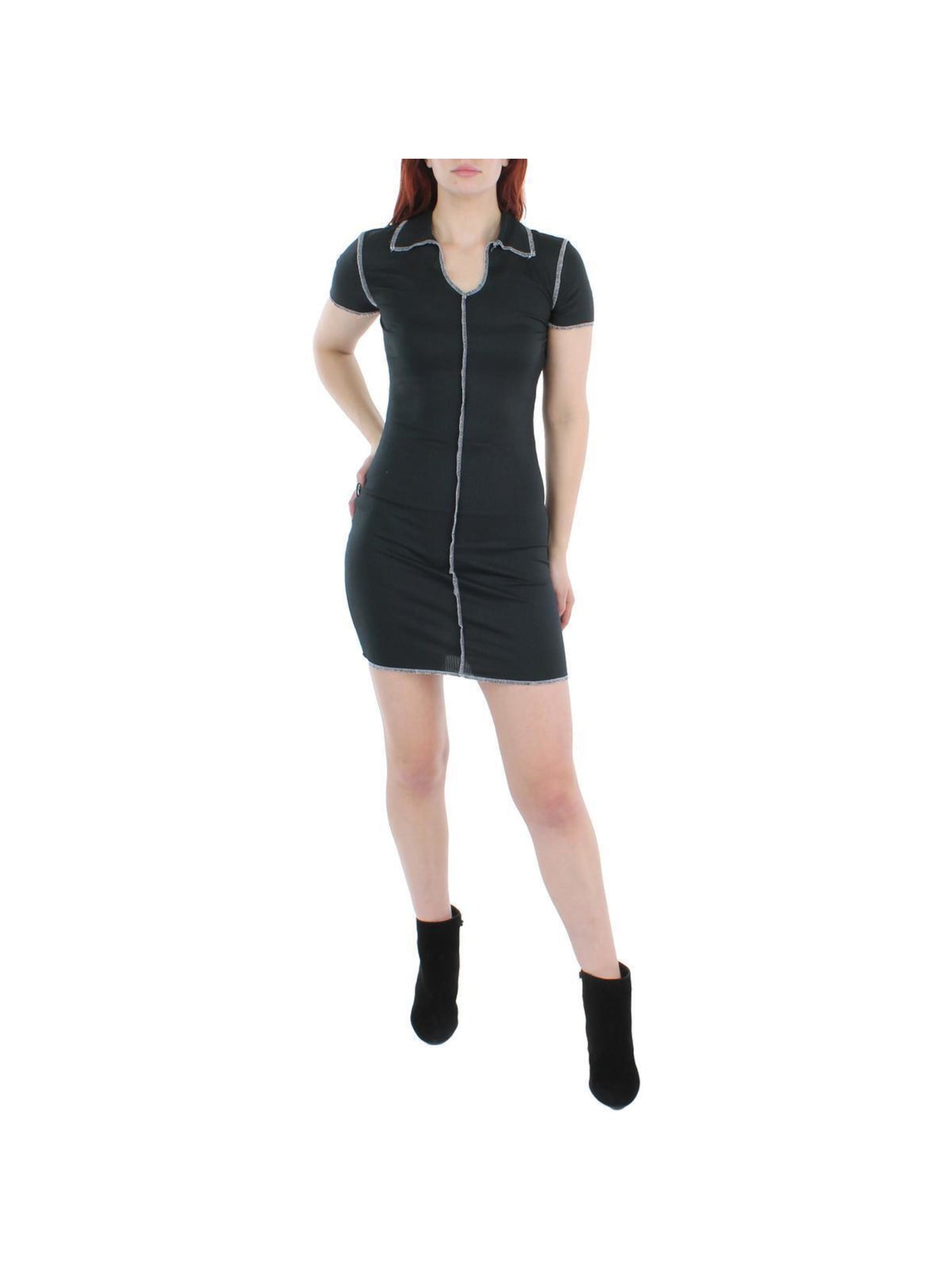 NO COMMENT Womens Black Fitted Ribbed Pullover Collared Short Sleeve Scoop Neck Short Shirt Dress L