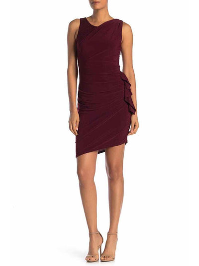 LAUNDRY Womens Burgundy Ruched Pleated Ruffled Lined Asymmetrical Hem Sleeveless Jewel Neck Above The Knee Party Body Con Dress 12