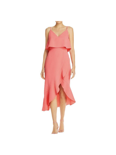 AQUA FORMAL Womens Coral Ruffled Popover Spaghetti Strap V Neck Midi Evening Hi-Lo Dress 0