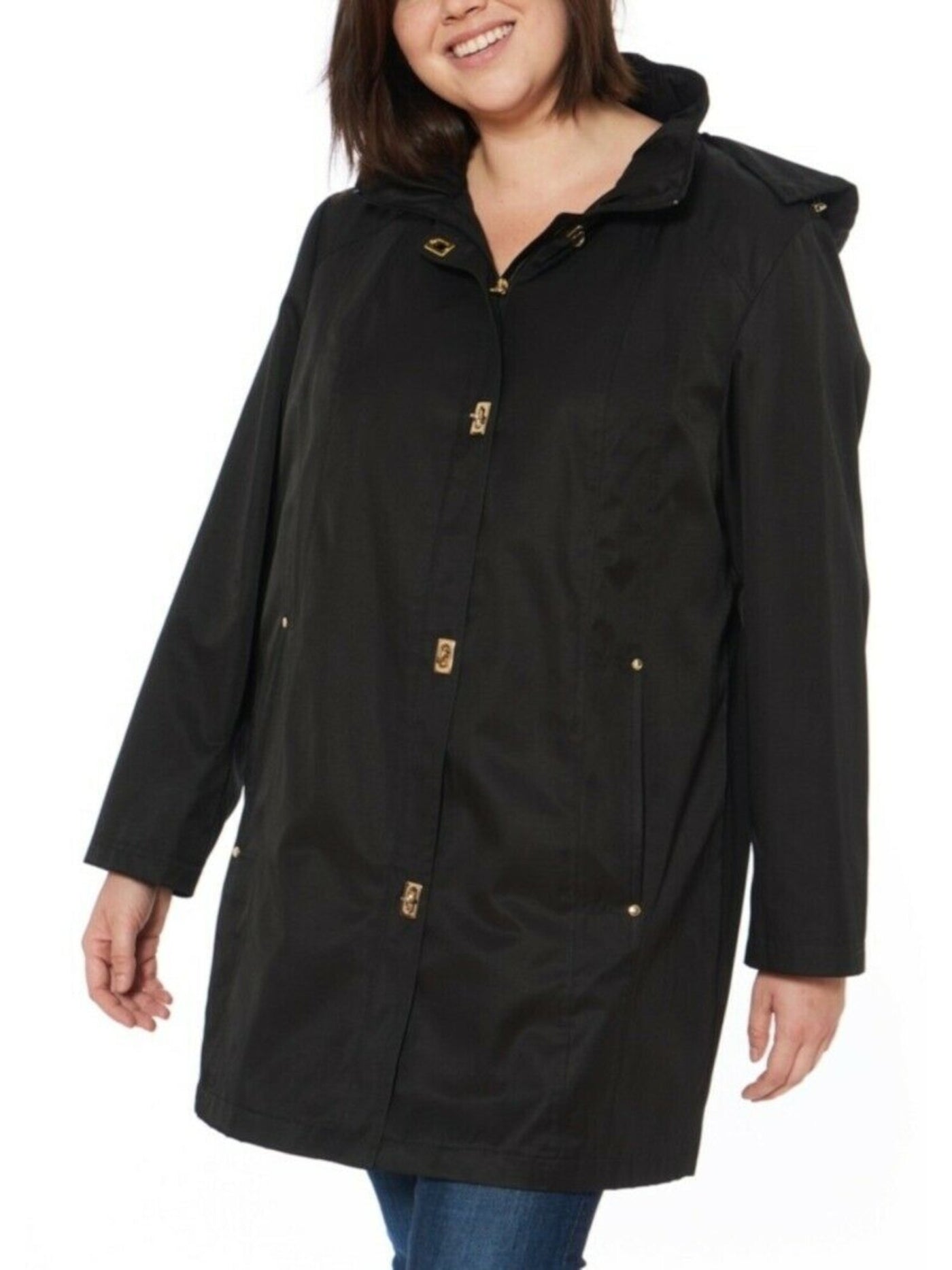 JONES NY Womens Removable Hood Button Overlay Button Down Winter Jacket Coat