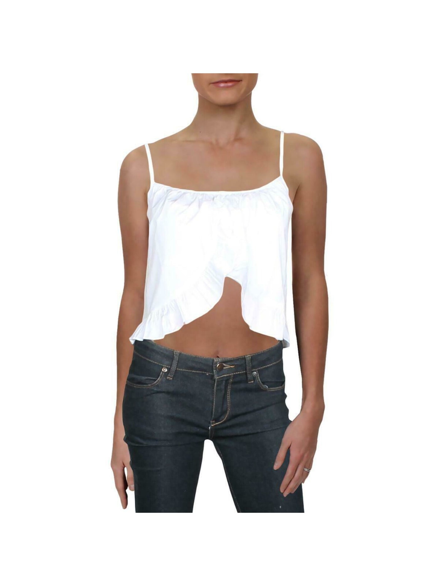 DANIELLE BERNSTEIN Womens White Ruffled Spaghetti Strap Crop Top Size: L