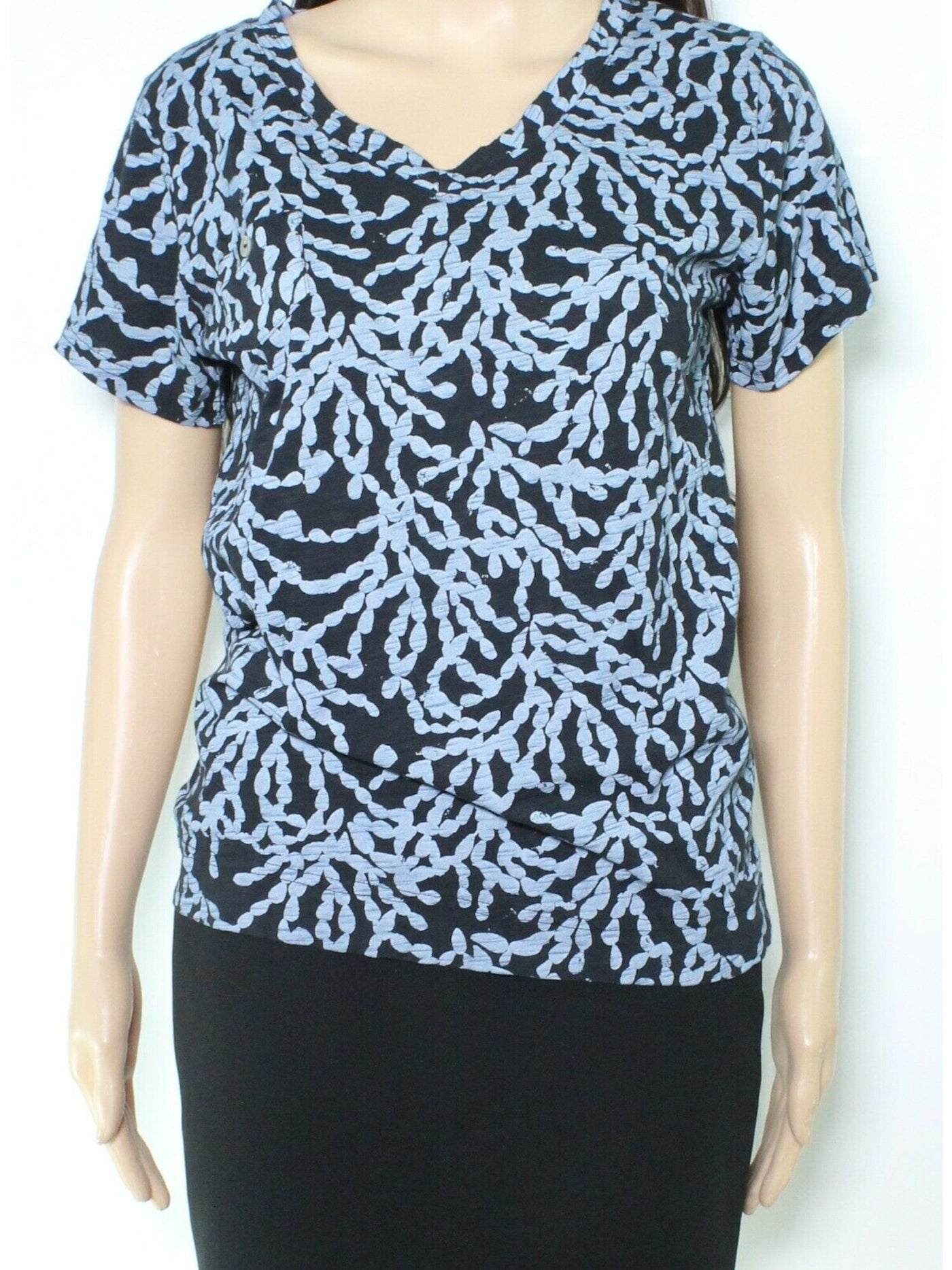 FRESH PRODUCE Womens Black Pocketed Printed Short Sleeve V Neck T-Shirt XS