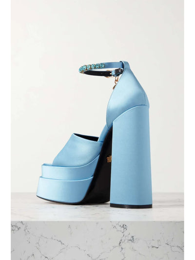 VERSACE Womens Light Blue 2-1/2" Platform Padded Ankle Strap Embellished Square Toe Block Heel Buckle Heeled Sandal 39