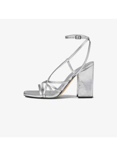 MARC FISHER LTD Womens Silver Ankle Strap Padded Edalyn Square Toe Block Heel Buckle Leather Dress Heeled Sandal 7.5 M