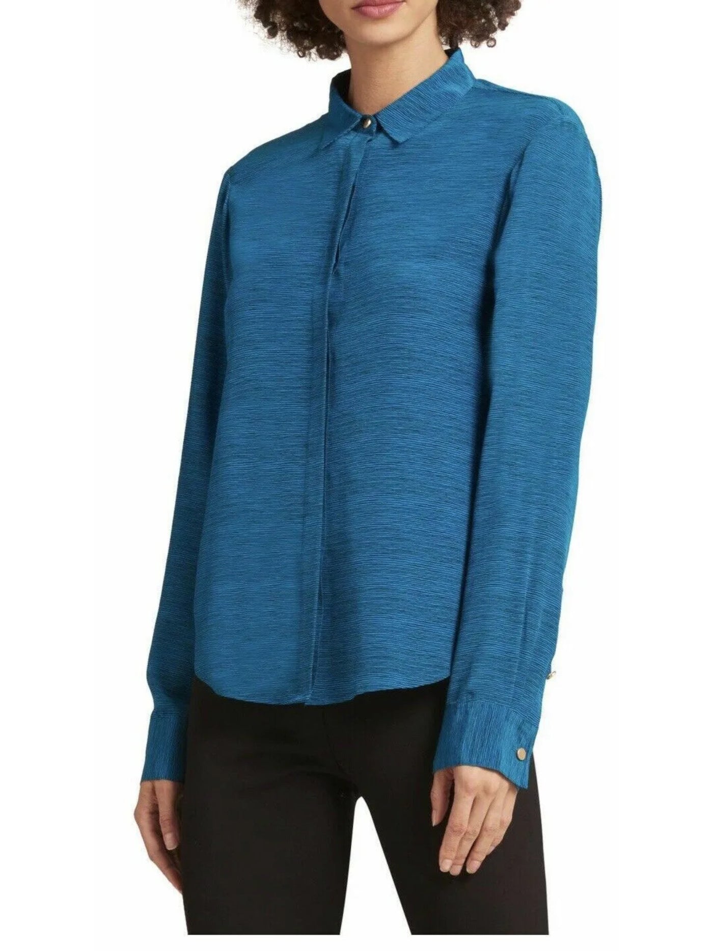 DONNA KARAN NEW YORK Womens Blue Long Sleeve Point Collar Wear To Work Button Up Top S