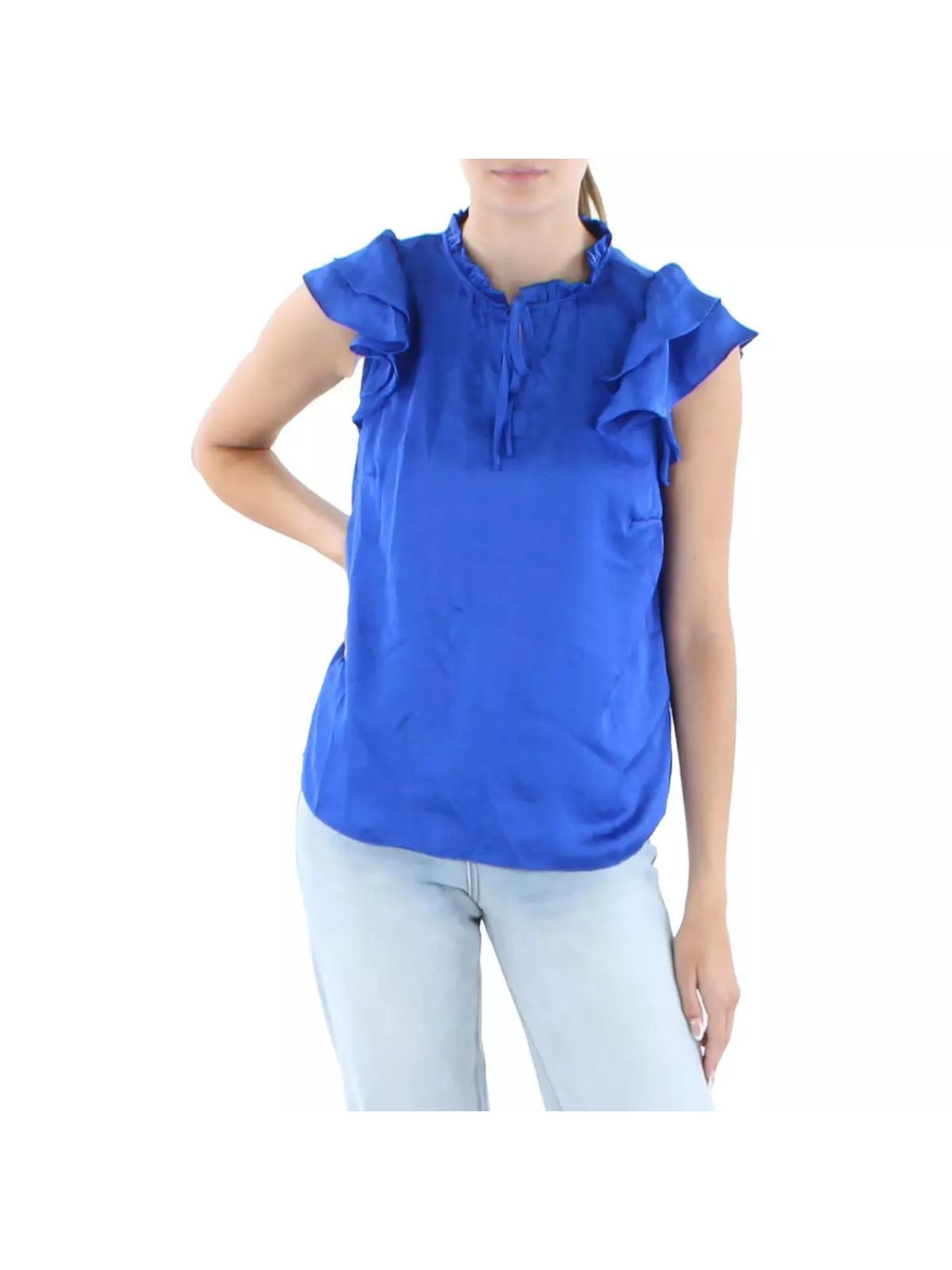 RILEY&RAE Womens Blue Ruffled Tie Flutter Sleeve Split Top M