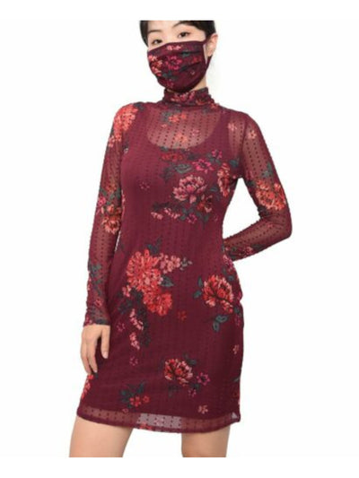 PLANET GOLD Womens Burgundy Floral Long Sleeve Short Sheath Dress L