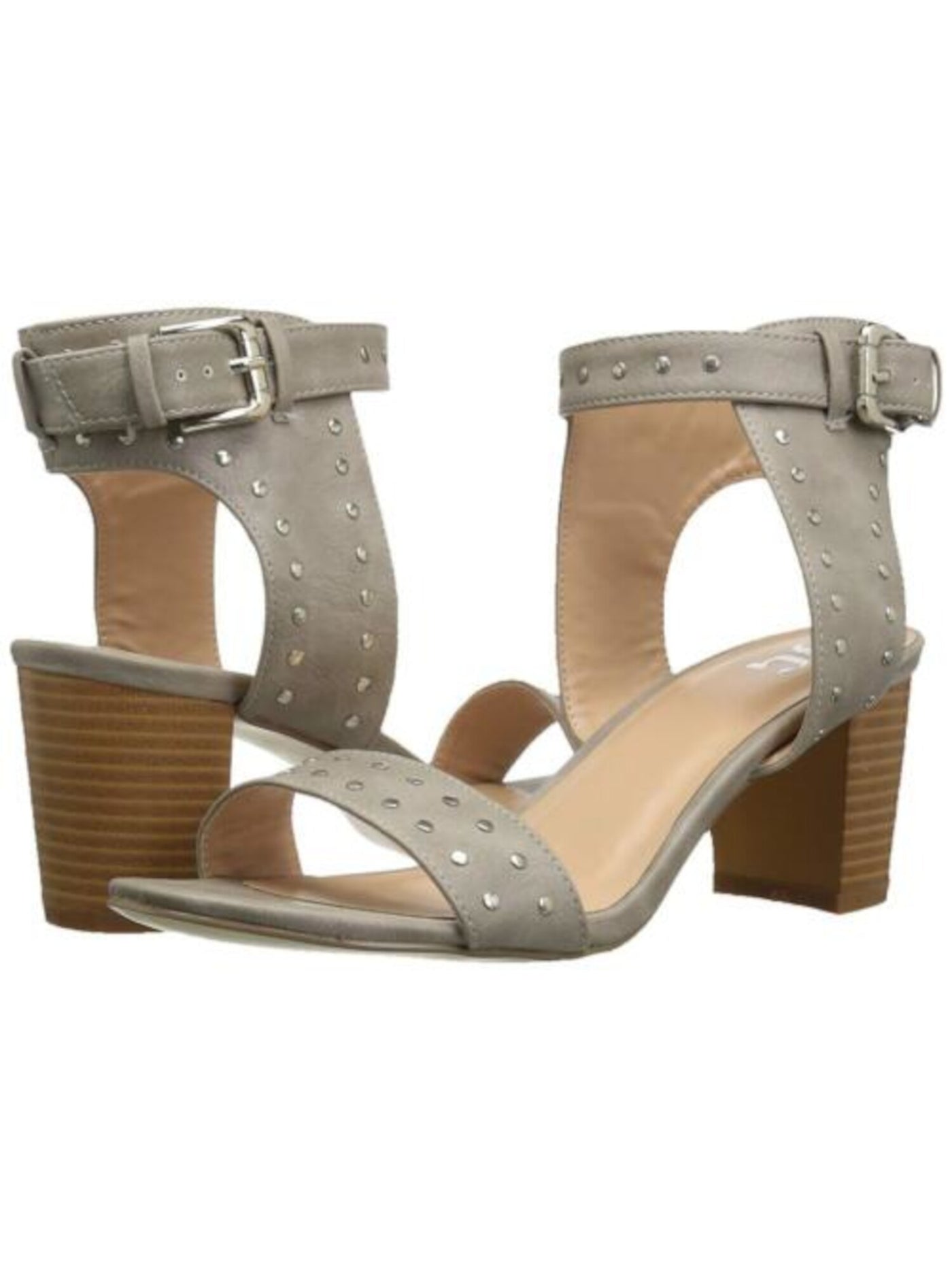 JOURNEE COLLECTION Womens Gray Ankle Strap Studded Mabel Round Toe Block Heel Buckle Sandals Shoes 5.5