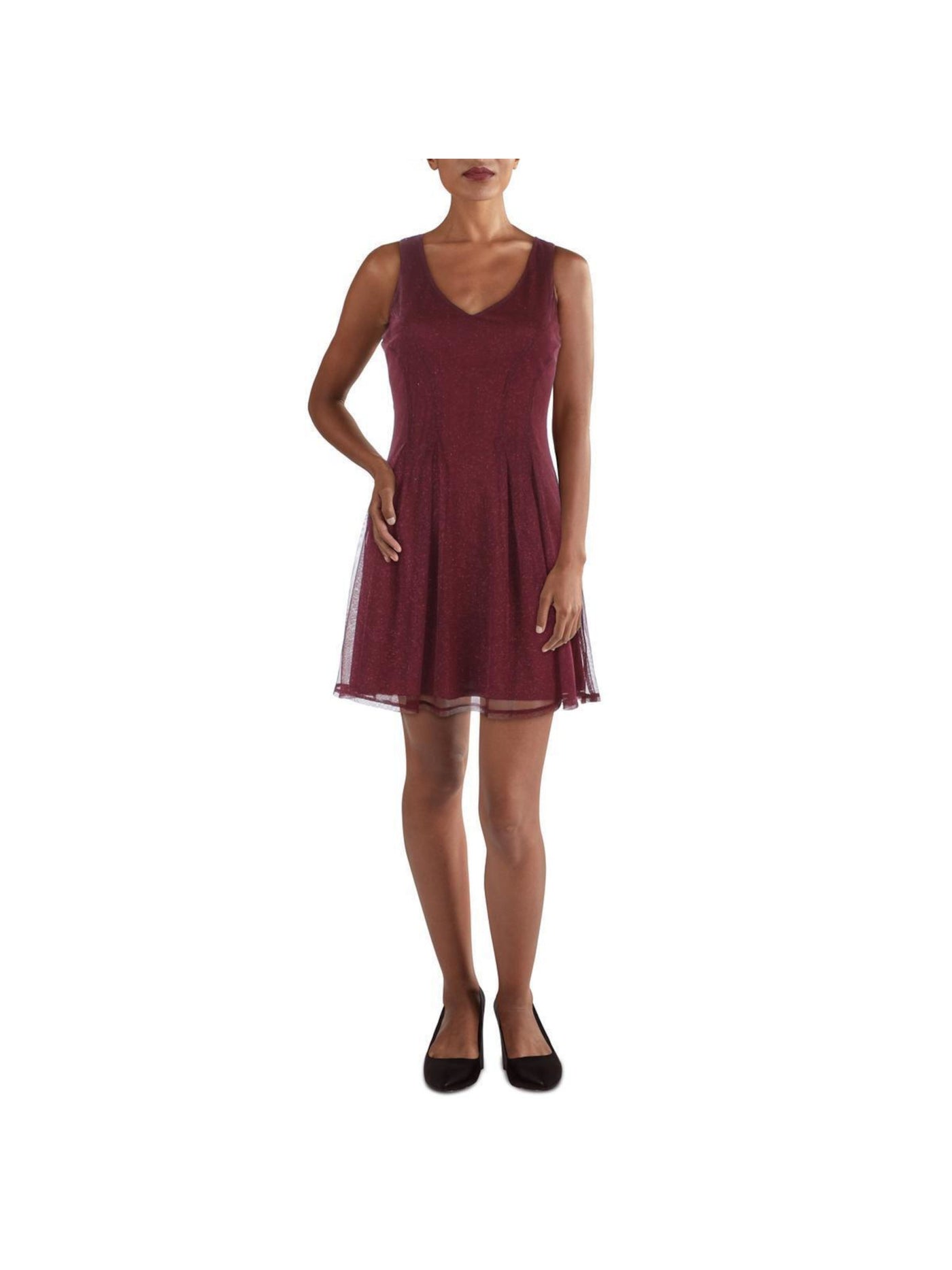 CITY STUDIO Womens Burgundy Stretch Zippered Pleated Lined Sleeveless V Neck Short Party Fit + Flare Dress 5