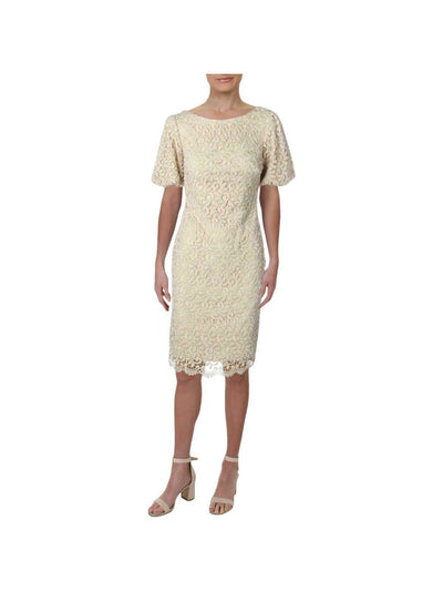 XSCAPE Womens Lace Pouf Boat Neck Midi Sheath Dress