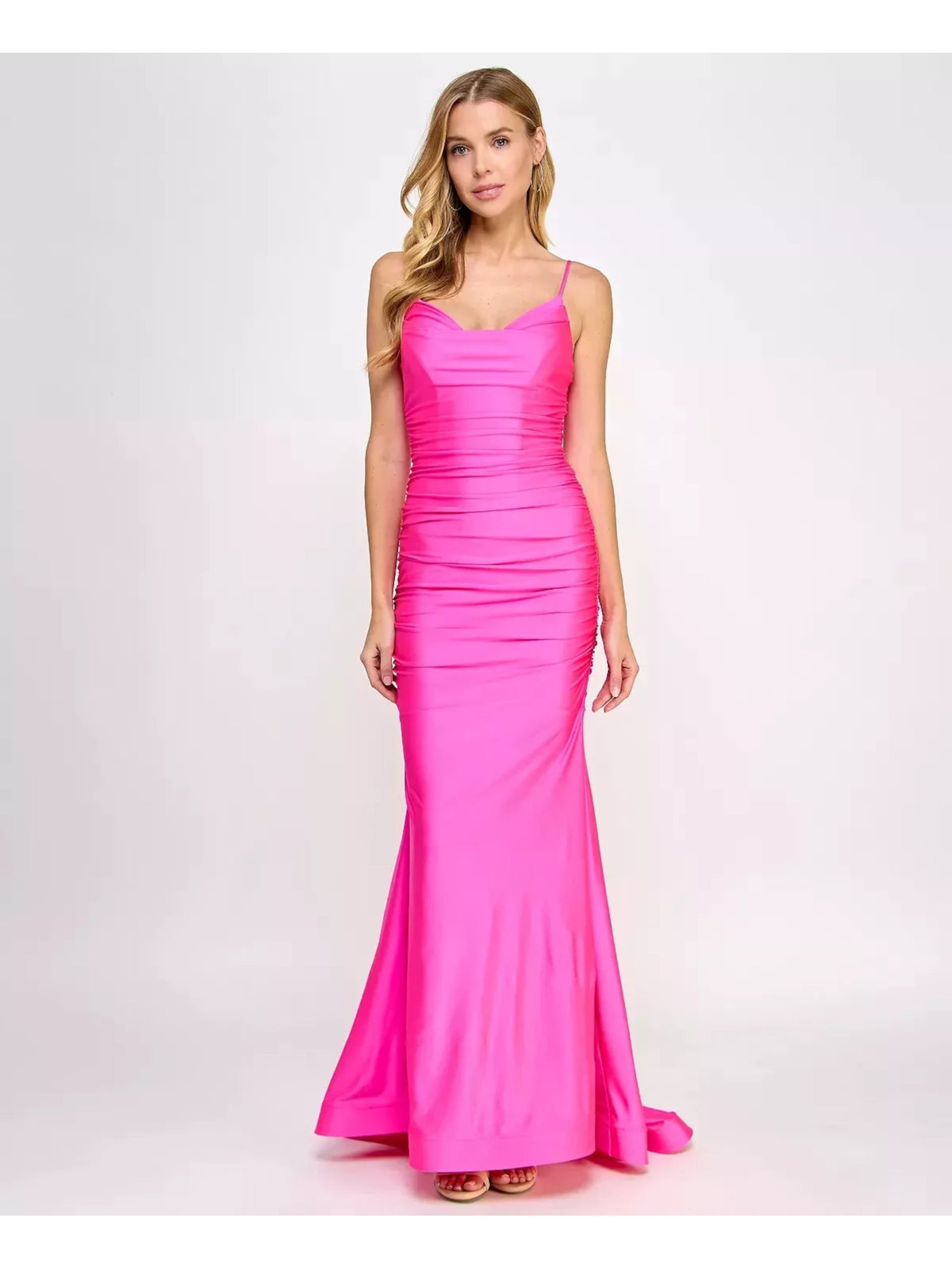 B DARLIN Womens Pink Zippered Fitted Shirred Small Train Spaghetti Strap Cowl Neck Full-Length Prom Gown Dress Juniors 15\16