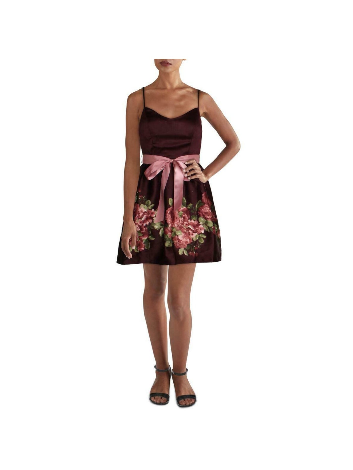 TEEZE ME Womens Zippered Tie Spaghetti Strap Sweetheart Neckline Mini Cocktail Fit + Flare Dress