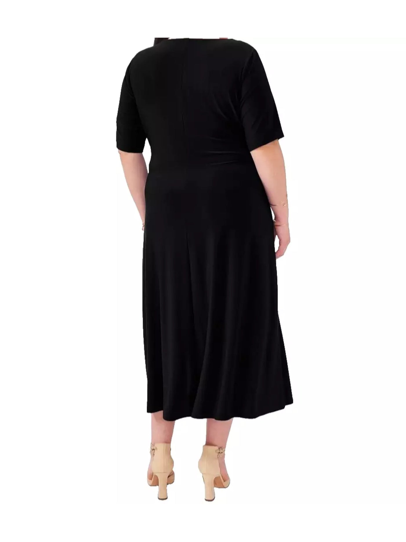 MSK WOMEN Womens Black Pleated Unlined Pullover Short Sleeve Surplice Neckline Midi Wear To Work Faux Wrap Dress Plus 1X