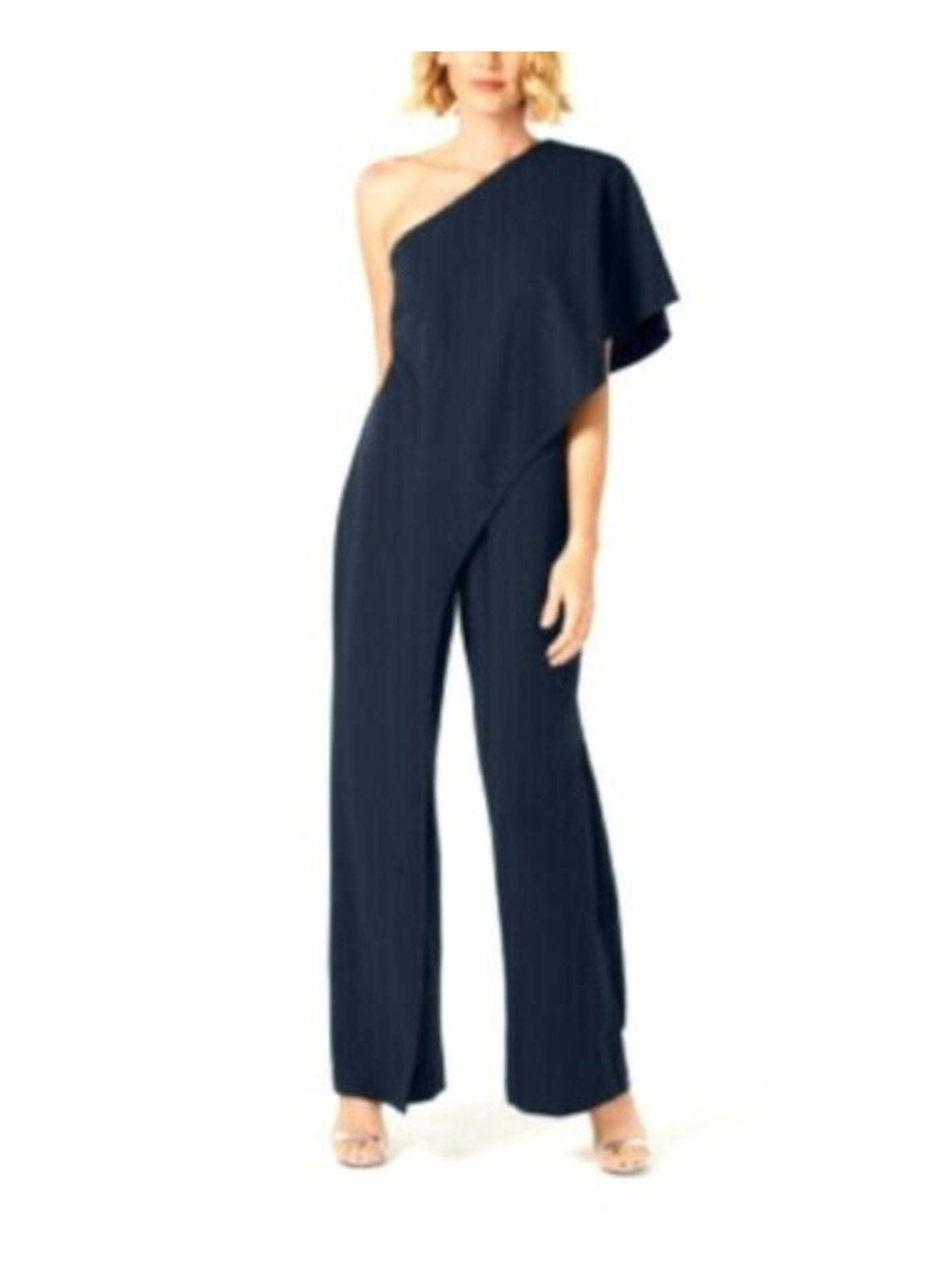 ADRIANNA PAPELL Womens Navy Bell Sleeve Asymmetrical Neckline Party Wide Leg Jumpsuit 12