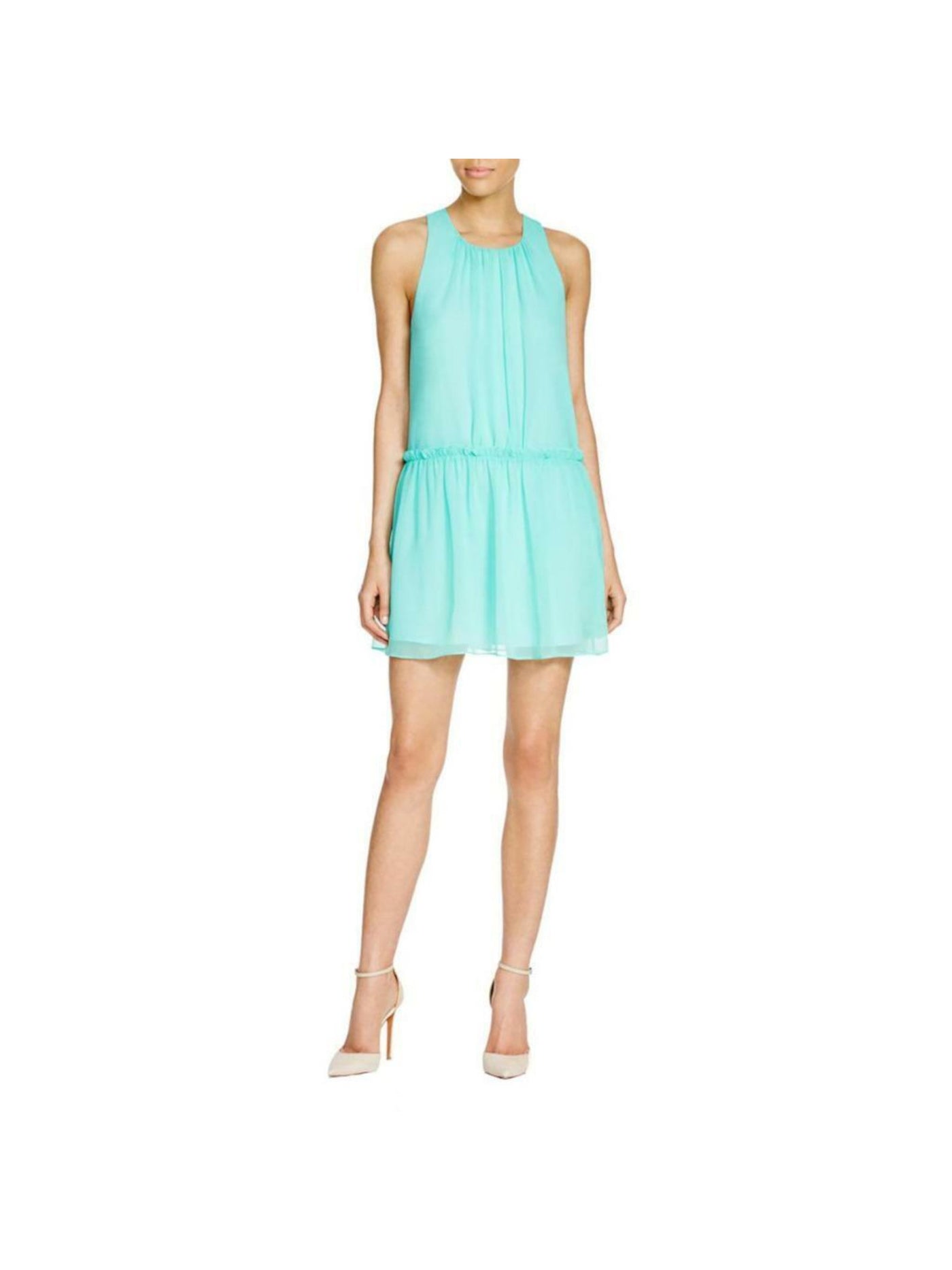 LIKELY Womens Aqua Ruffled Pullover Button Loop Sleeveless Jewel Neck Mini Shift Dress 2