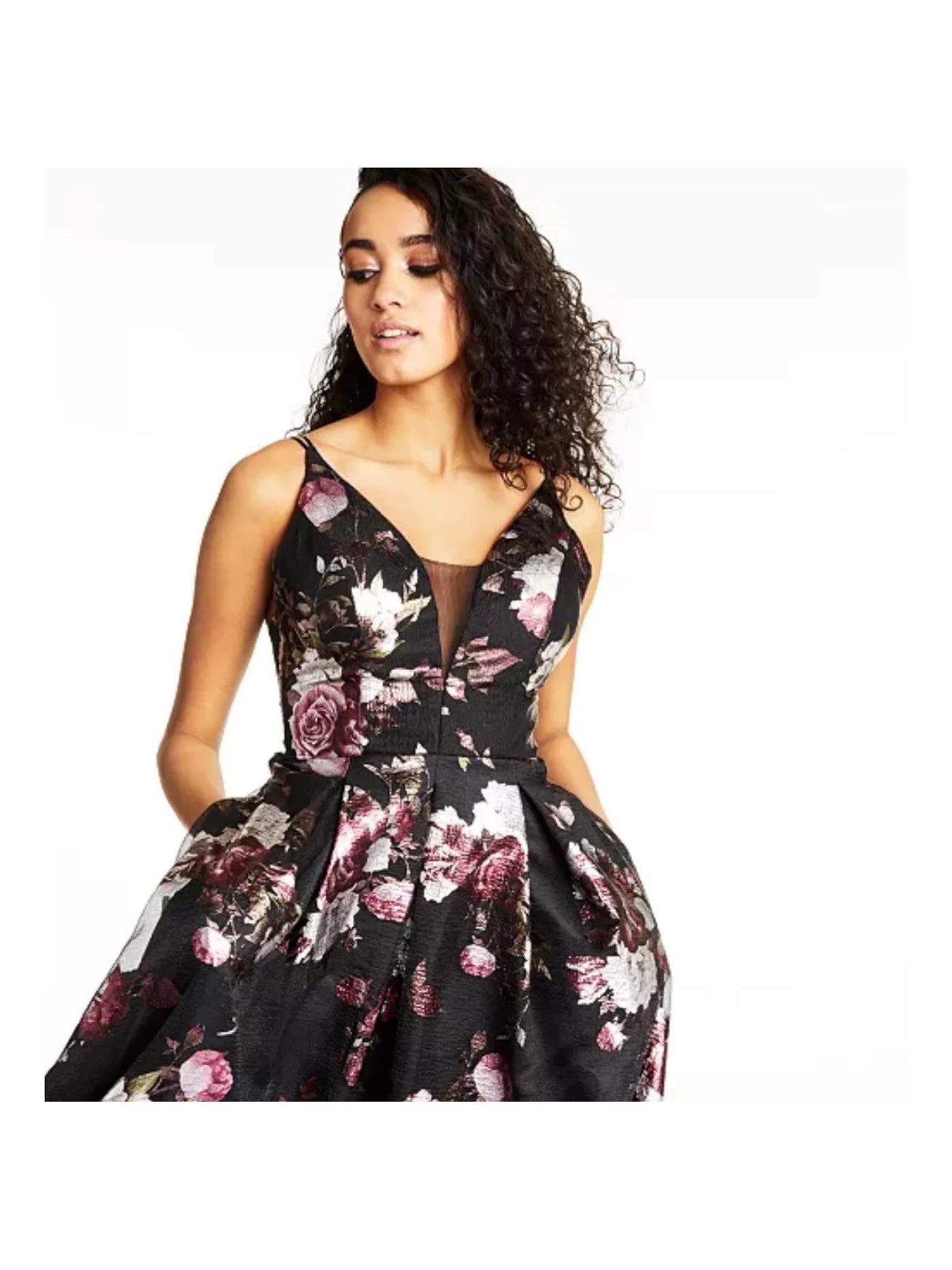 CRYSTAL DOLLS Womens Black Zippered Criss-cross Back Pleated Lined Floral Sleeveless V Neck Short Party Fit + Flare Dress Juniors 5