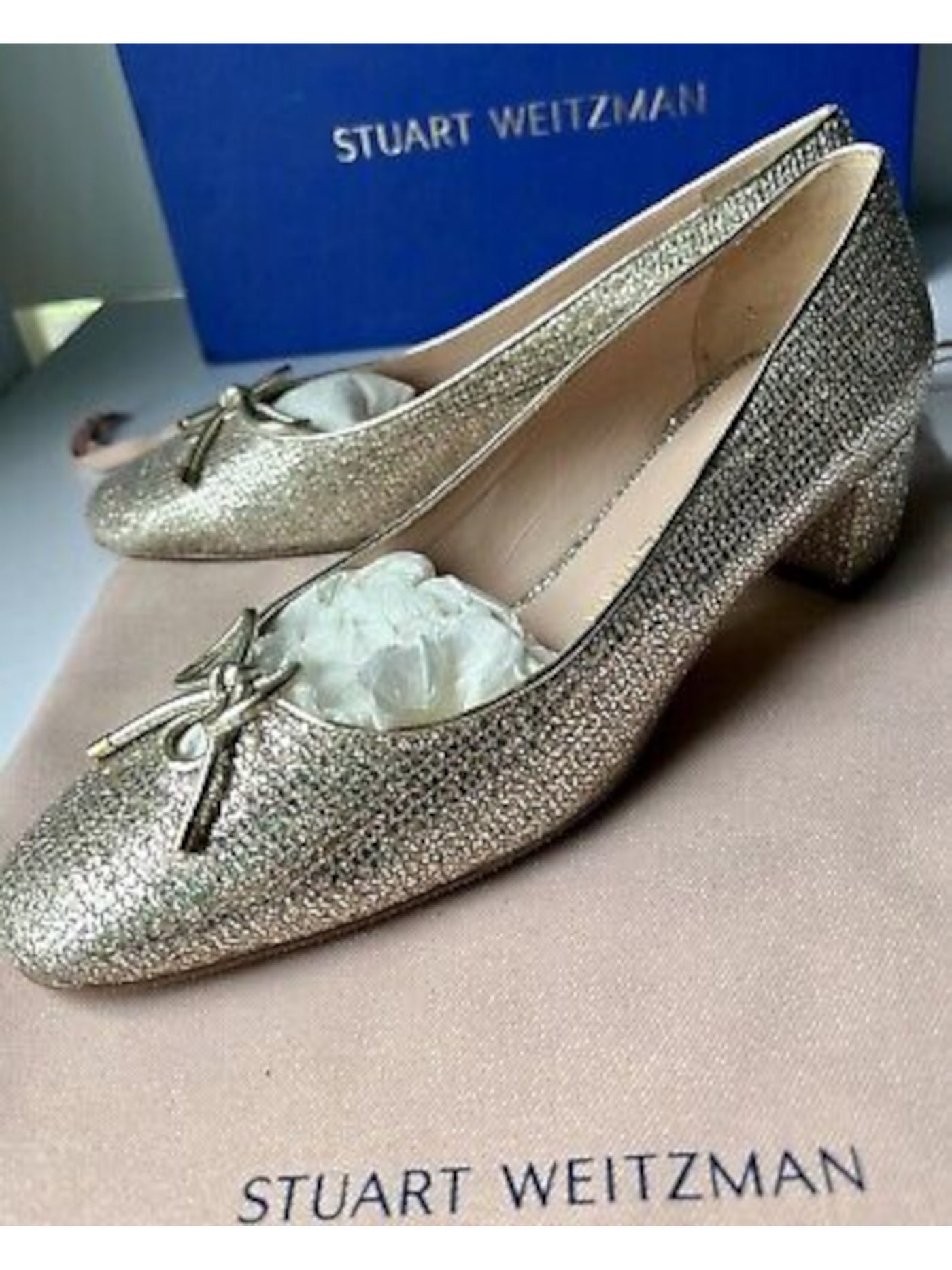 STUART WEITZMAN Womens Beige Glitter Bow Accent Padded Gabby Round Toe Block Heel Slip On Dress Pumps Shoes 6.5 M