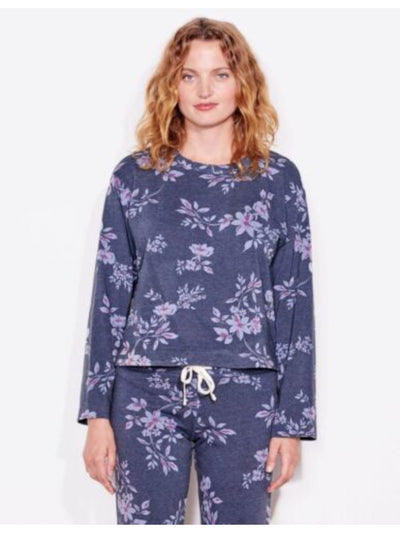 SUNDRY Womens Navy Ribbed Slitted Pullover Floral Sweatshirt 1