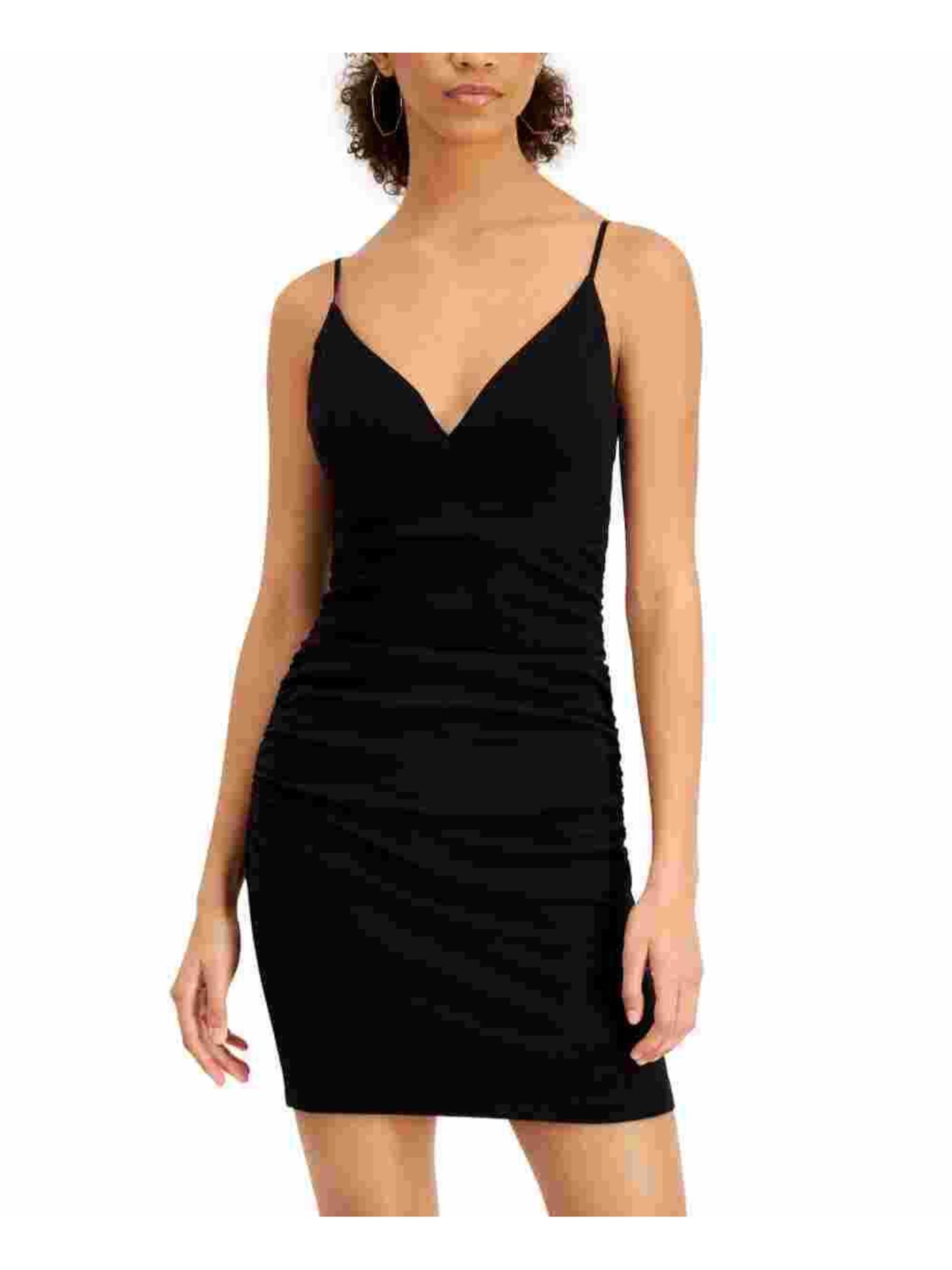 EMERALD SUNDAE Womens Black Stretch Ruched Deep V-back Spaghetti Strap Sweetheart Neckline Short Cocktail Body Con Dress XS