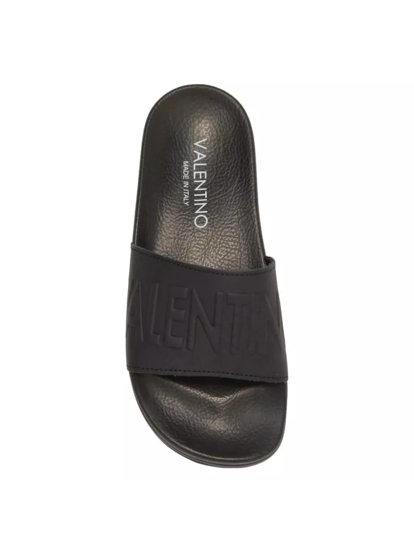 VALENTINO Mens Black Embossed Logo Comfort Cushioned Giano Round Toe Slip On Leather Slide Sandals Shoes 8