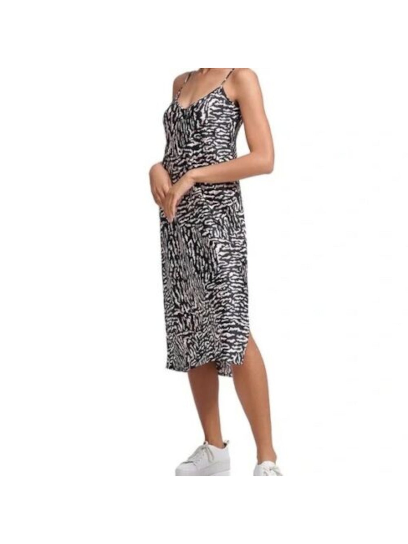 CALVIN KLEIN JEANS Womens Black Adjustable Slitted Slip Dress Unlined Pullover Printed Spaghetti Strap V Neck Midi Dress M