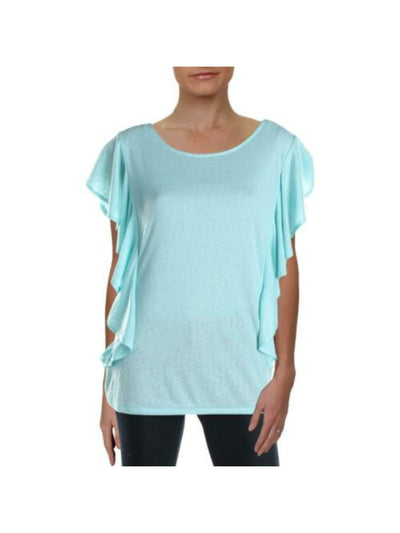 RACHEL ROY Womens Aqua Ruffled Short Sleeve V Neck Top XS