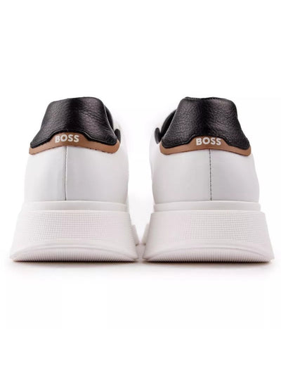 BOSS Mens White Logo Padded Bulton Round Toe Wedge Lace-Up Leather Sneakers Shoes 8