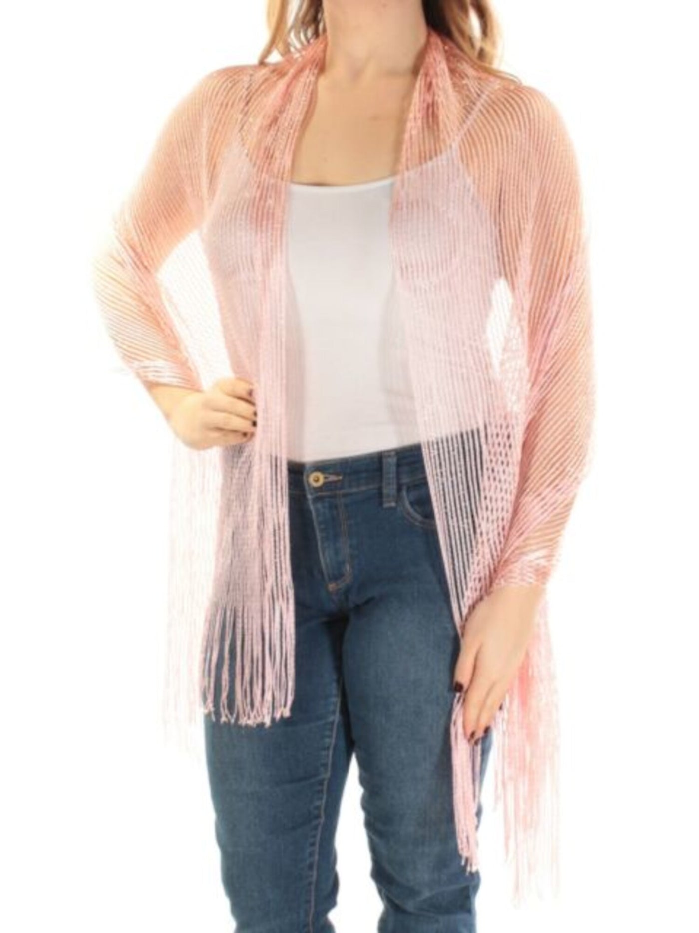 INC Womens Pink Metallic Net Wrap Fringed Evening Scarf