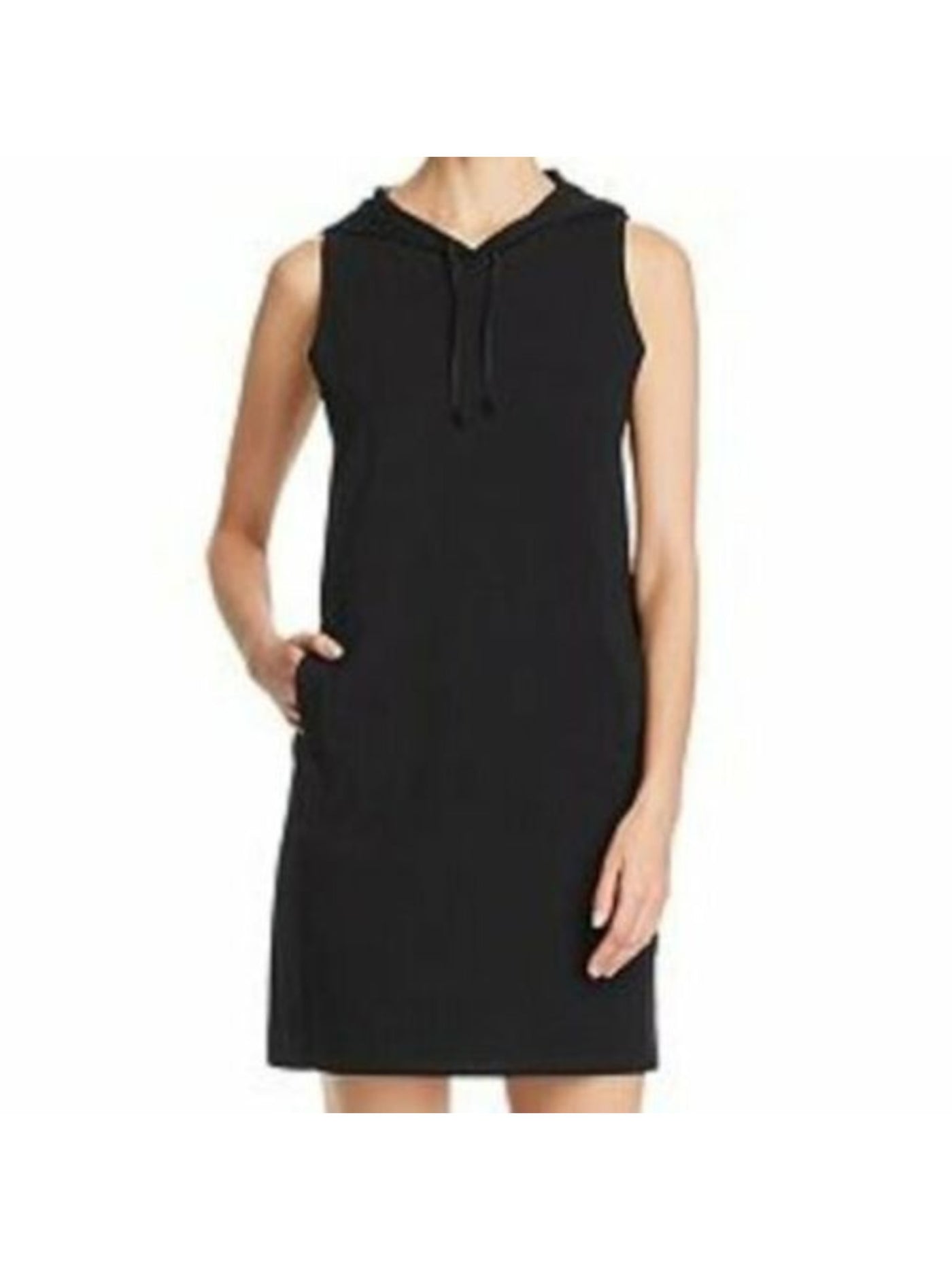 EILEEN FISHER Womens Black Knit Tie Pocketed Hooded Sleeveless Short Shift Dress S