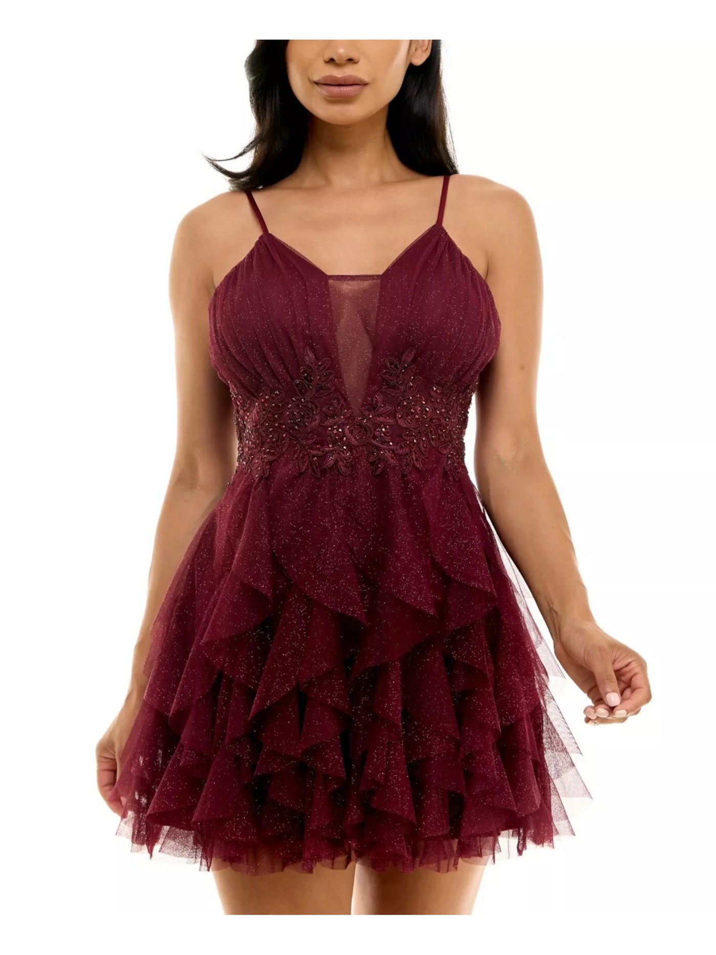 PEAR CULTURE Womens Burgundy Zippered Lined Lace-up Back Corkscrew Ruffles Sleeveless V Neck Mini Party Fit + Flare Dress 7\8