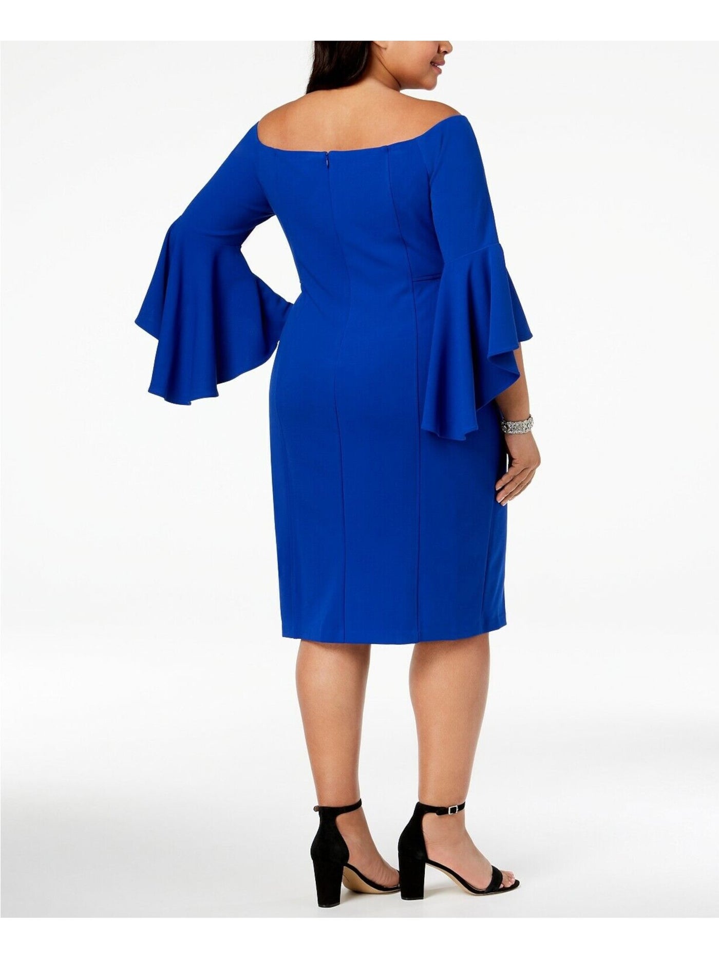 R&M RICHARDS WOMAN Womens Blue Bell Sleeve Off Shoulder Below The Knee Party Sheath Dress Plus 14W