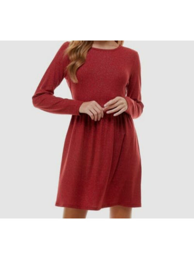 BEBOP Womens Burgundy Stretch Ribbed Pleated Pullover Long Sleeve Round Neck Short Fit + Flare Dress XL